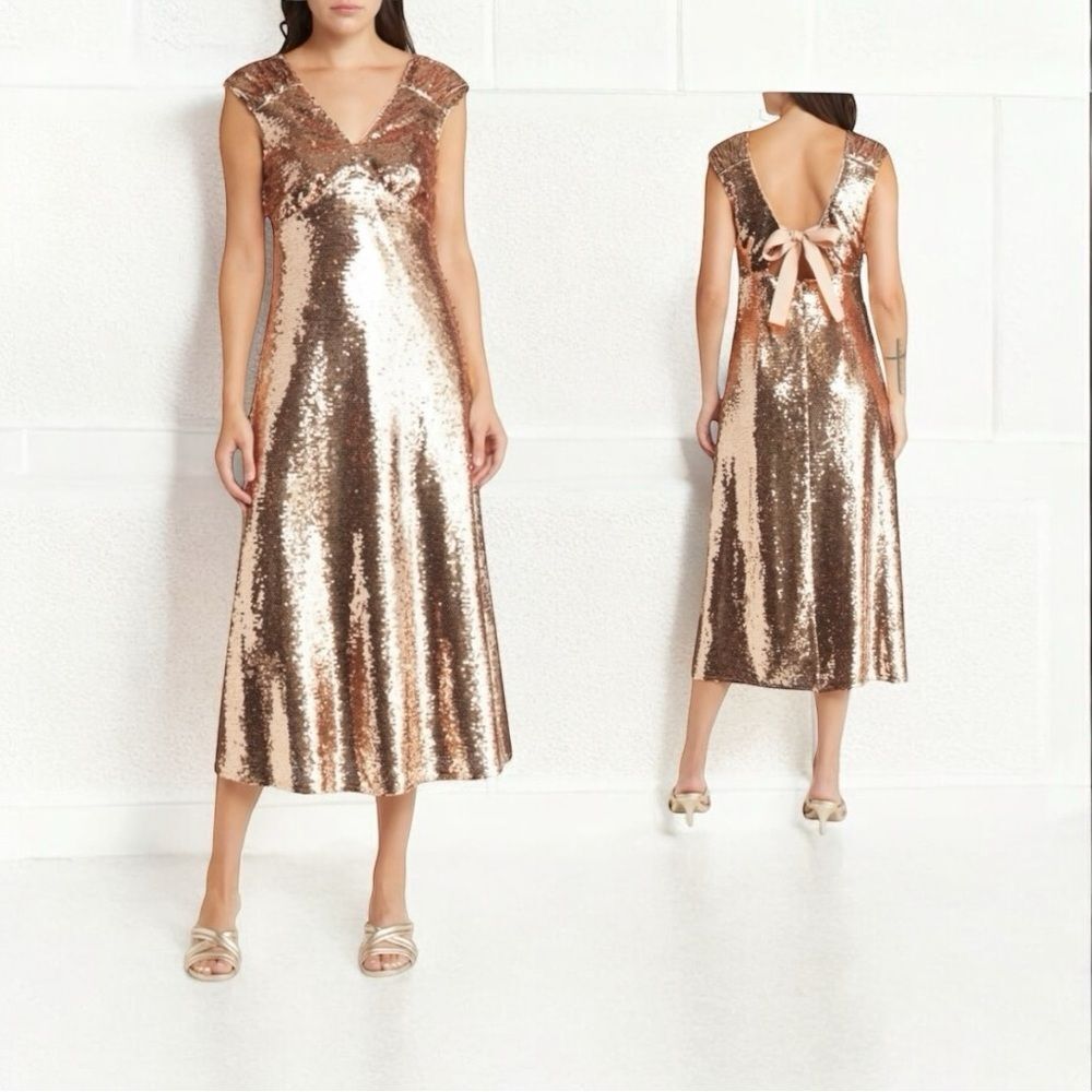 🟢 Madelyn Rae KONNIE Liquid Gold Sequin Midi With Tie Back Size S NWT